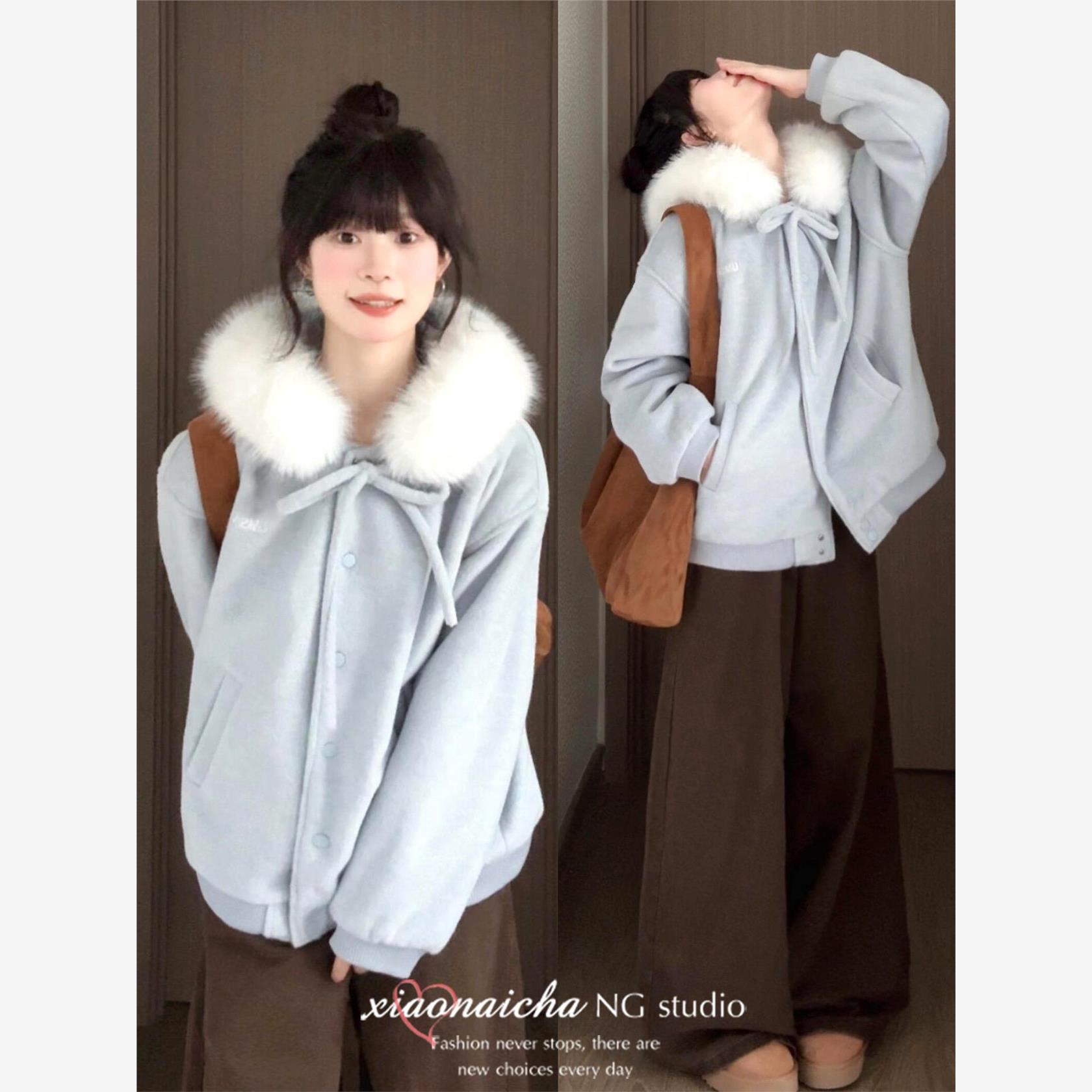 学院风蓝色蝴蝶结连帽毛领毛呢