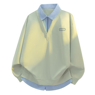 美式复古POLO衫男款秋冬季潮牌宽松半拉链卫衣男士撞色假两件T恤