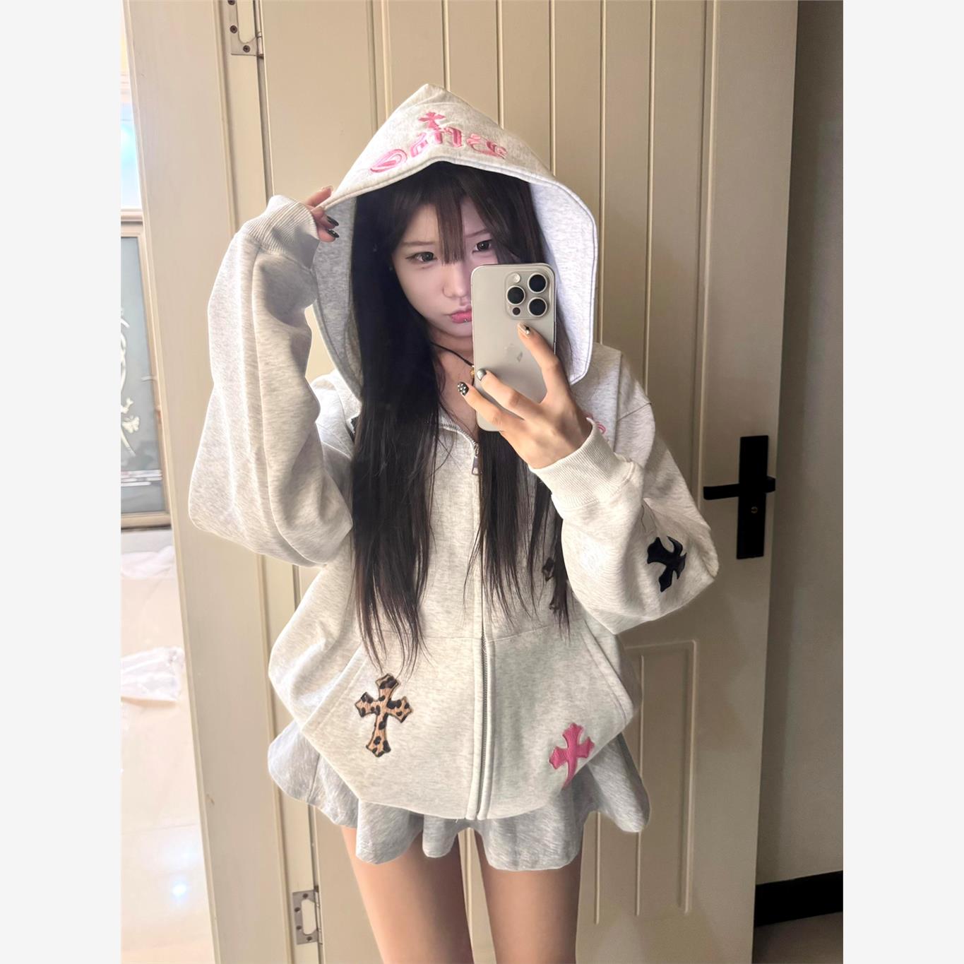 美式潮牌十字刺绣连帽卫衣女秋冬新款宽松设计感oversize情侣帽衫