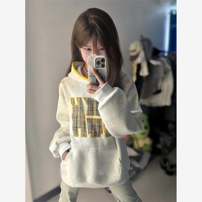 刺绣连帽美式复古oversize卫衣女