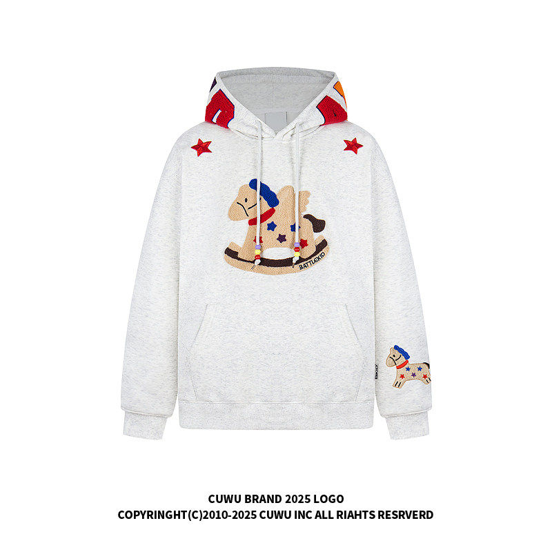 原创美式木马刺绣加绒连帽卫衣女男春季情侣潮牌宽松休闲帽衫外套