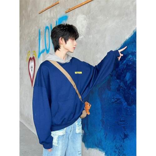 TF四代王橹杰同款藏青色重磅拼接连帽卫衣男秋冬高级感美式外套潮