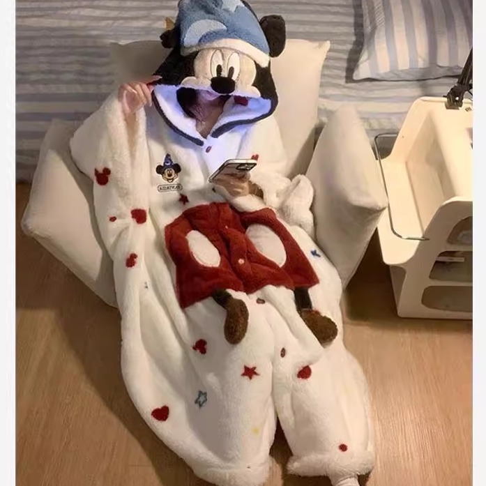 现货高品质卡通魔法帽米奇连帽珊瑚绒睡袍女冬季加绒保暖睡袍套装