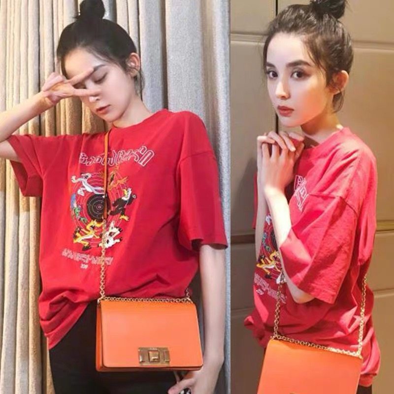 明星同款红色T恤女短袖2019夏装新款女装韩版宽松学生印花上衣潮