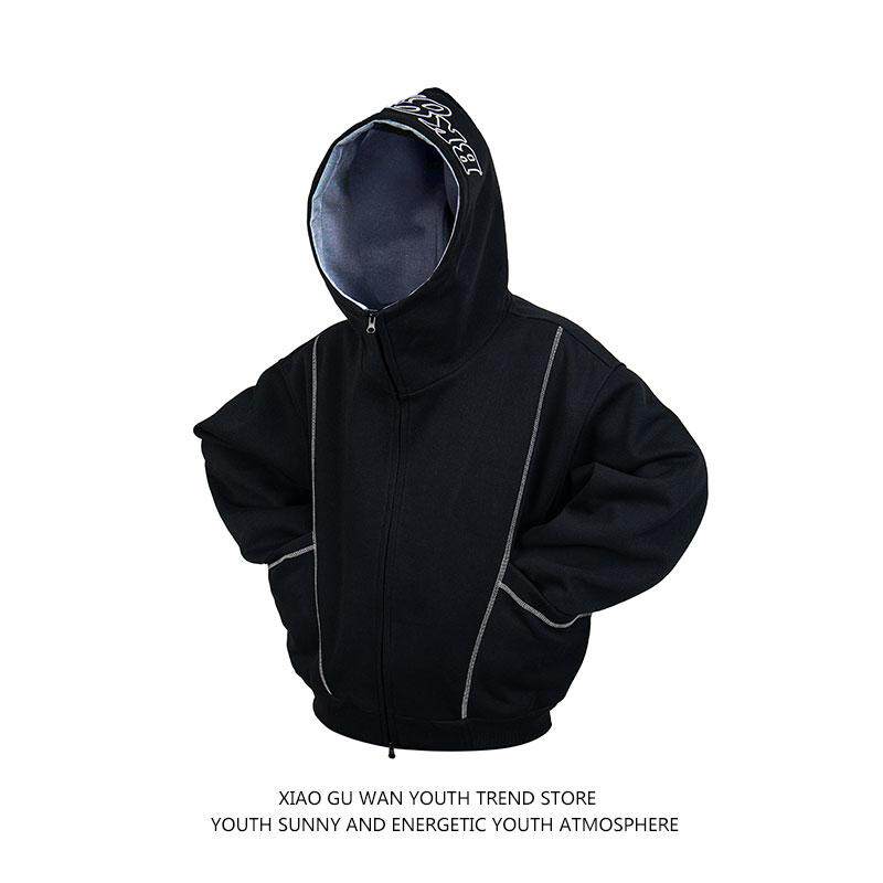 美式复古高级感解构连帽卫衣男女秋季国潮宽松重磅开衫情侣外套潮