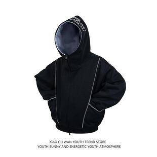 美式复古高级感解构连帽卫衣男女秋季国潮宽松重磅开衫情侣外套潮