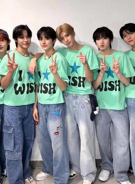 nct 罗渽民朴志晟wish首尔演唱会同款字母绿色T恤女纯棉短袖上衣