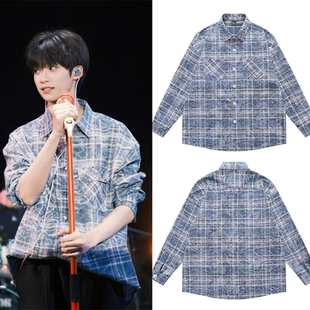 梓渝莆田音乐节同款蜡染蓝白格纹衬衫水洗做旧翻领长袖宽松上衣服