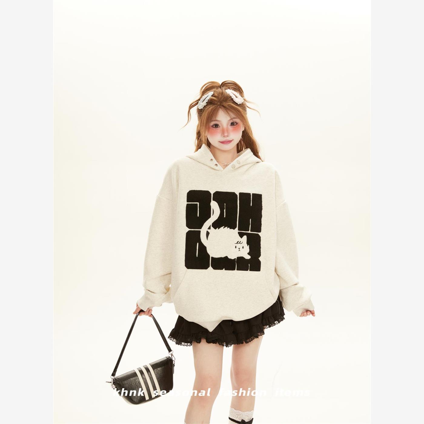 重磅韩系慵懒风oversize连帽卫衣女春秋2025新款加厚小猫情侣外套