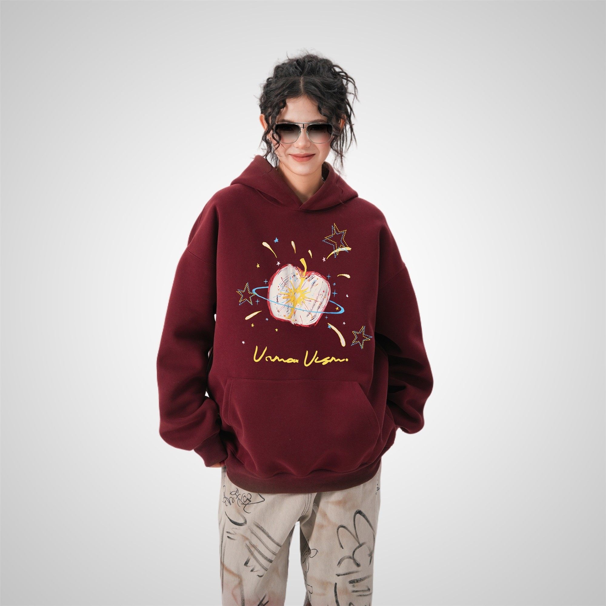 【陈浚铭同款】涂鸦苹果印花连帽卫衣男女情侣秋冬季宽松加绒外套