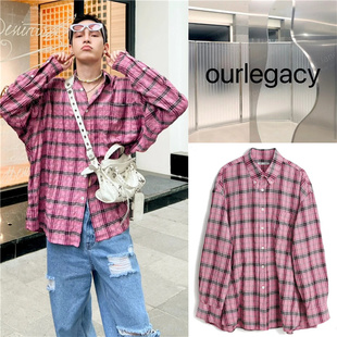 【原版褶皱】现货权顺荣Our Legacy粉红格子防晒宽松长袖衬衫男女