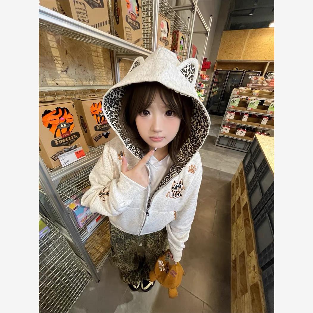 美式复古豹纹小恶魔刺绣连帽卫衣女秋冬新款宽松设计感情侣外套潮