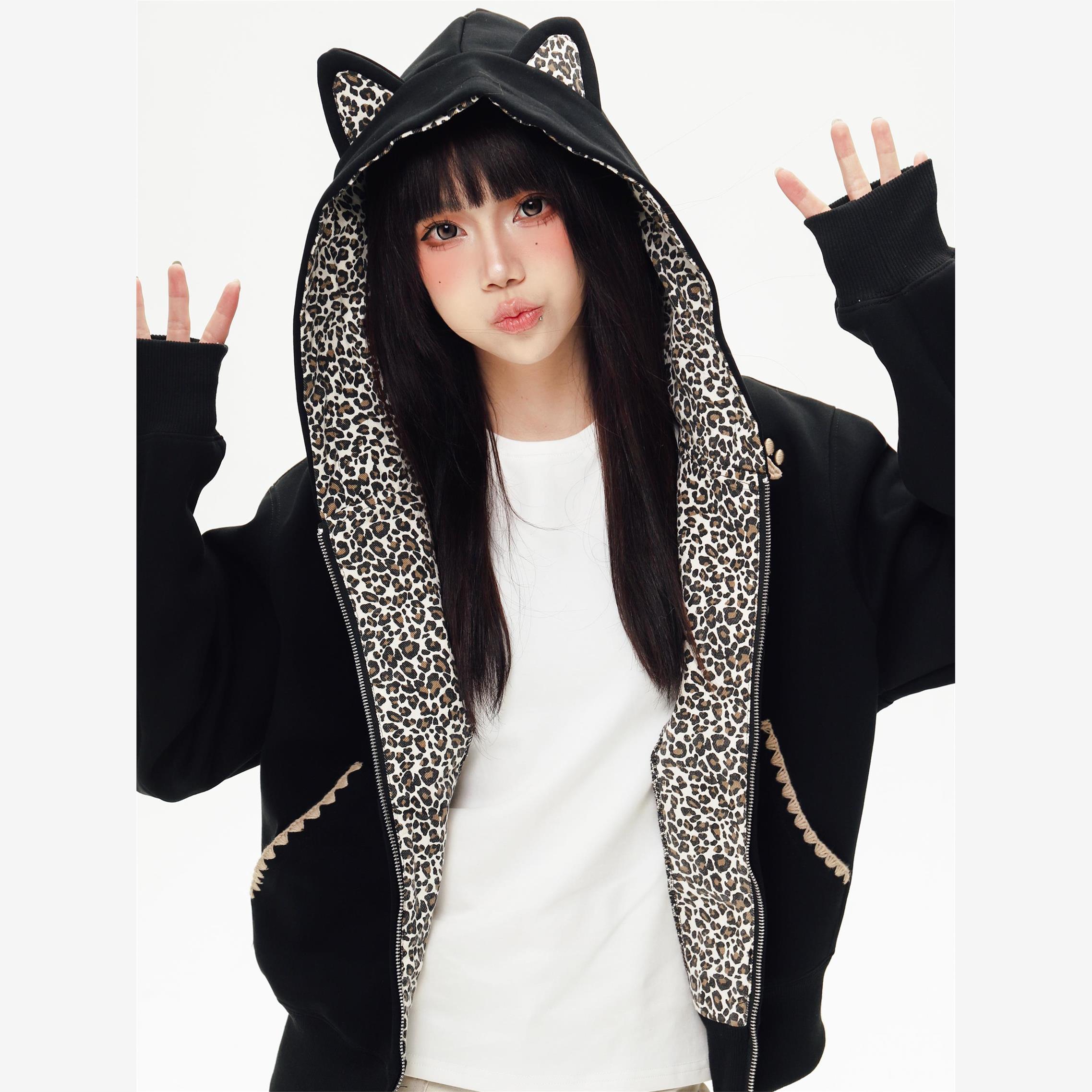 美式复古豹纹连帽卫衣情侣秋冬款加绒立耳设计宽松拉链开衫外套潮