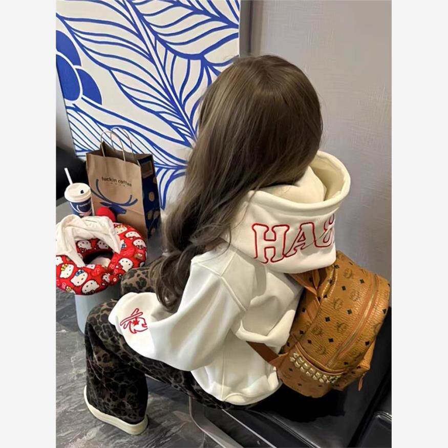 2025新款国潮美式刺绣小火苗连帽加绒卫衣女款秋季情侣款早秋上衣