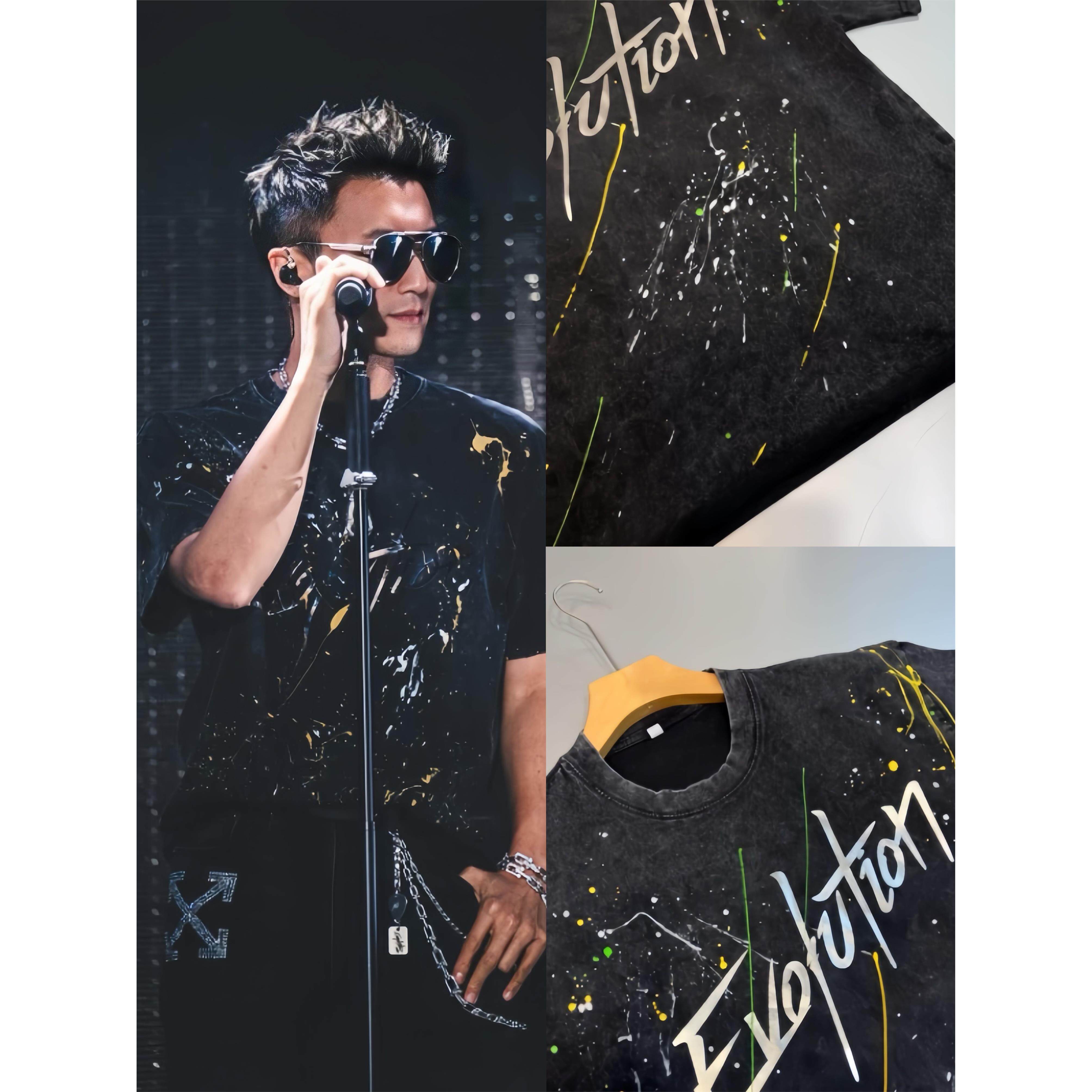 谢霆锋演唱会同款广州反光涂鸦做旧短袖t恤洗水做旧evolution上衣