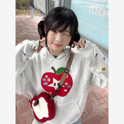 重磅纯棉苹果刺绣连帽卫衣女2025新款秋冬宽松设计感小众帽衫外套