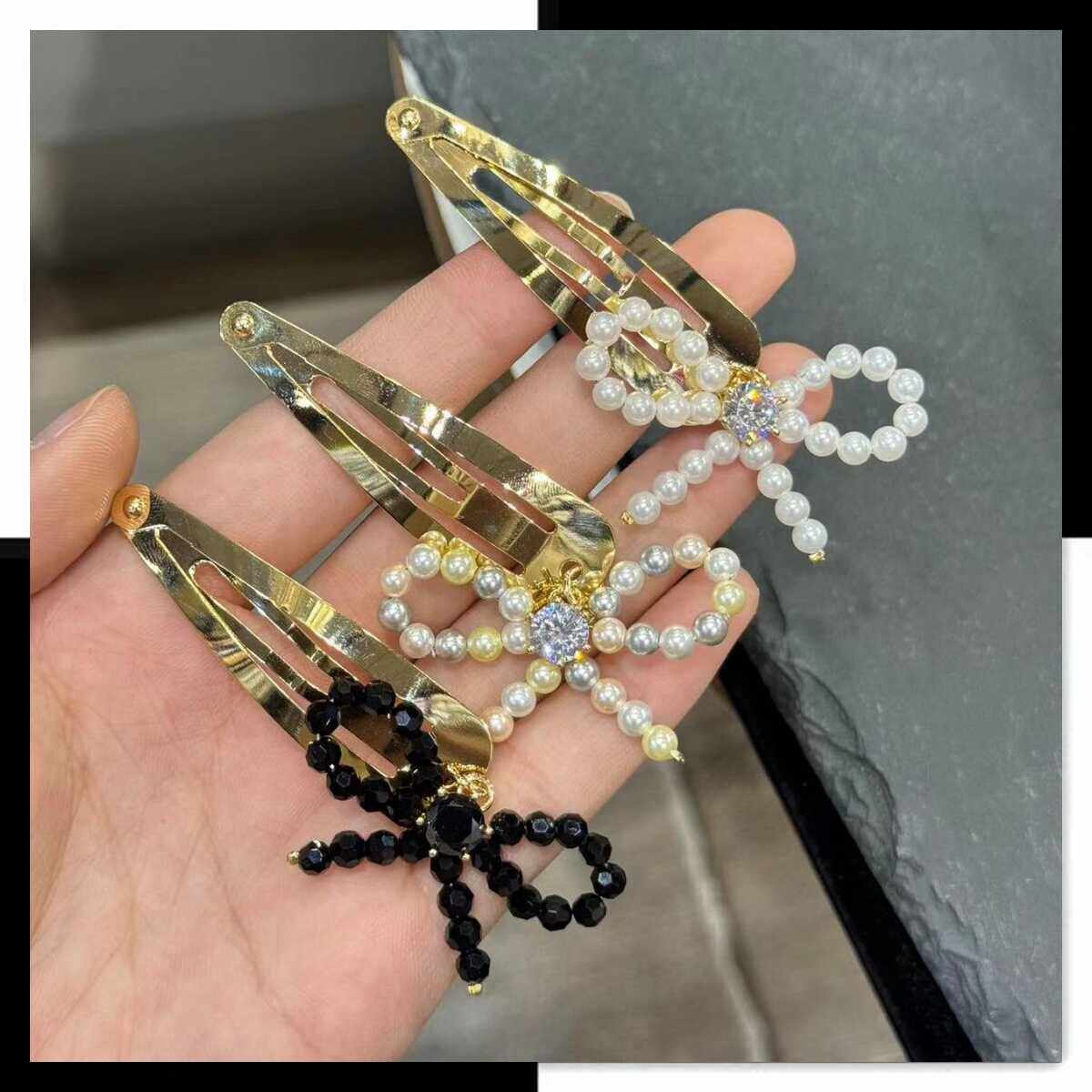 设计师款蝴蝶结发夹发饰珍珠边夹