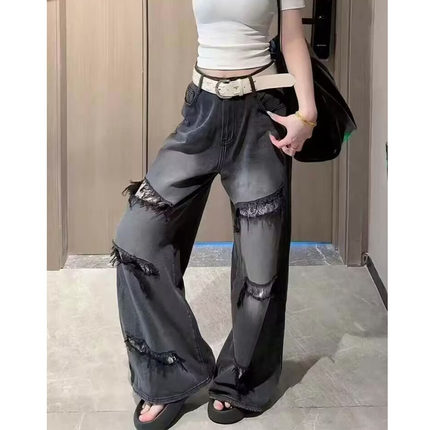 2025春新款美式高街破洞牛仔裤女宽松显瘦百搭阔腿长裤水洗做旧裤