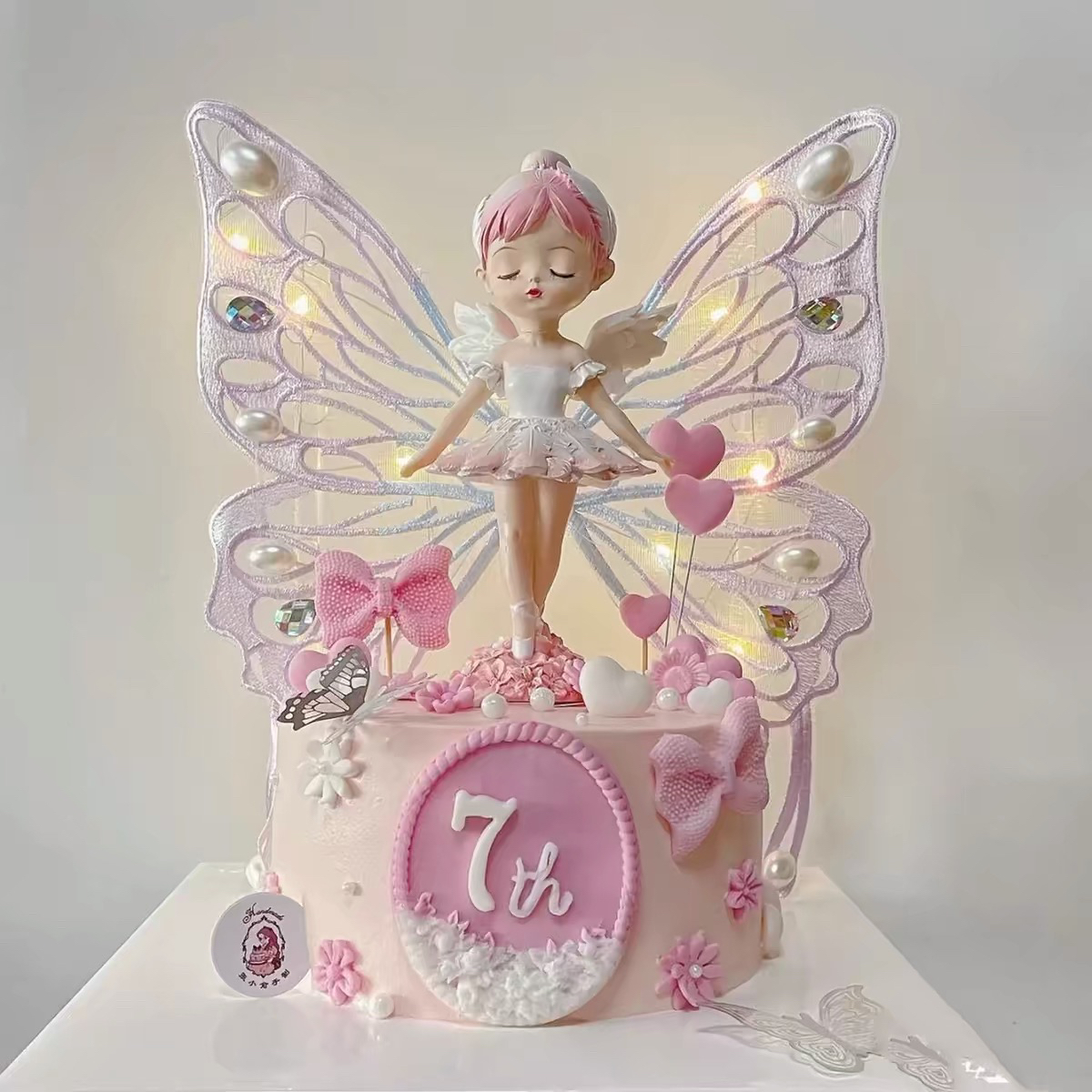 翅膀贝拉公主蛋糕装饰摆件芭蕾舞裙女孩刺绣蝴蝶带灯女生生日插件
