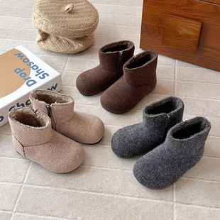 韩版女童纯色保暖毛毛靴2025冬季新款儿童绒面软底短靴宝宝棉靴子