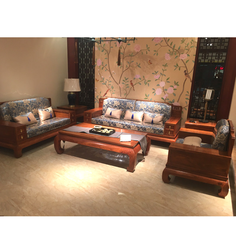 明式马蹄脚软包六件套新中式软体沙发刺猬紫檀红木客厅澳美森家具