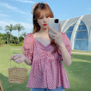 RM5245#夏季新款韩版复古方领爱心提花衬衫减龄泡泡袖碎花气质上衣