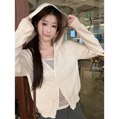 韩系港味条纹针织开衫上衣女春秋慵懒风连帽毛衣短款洋气打底衫潮