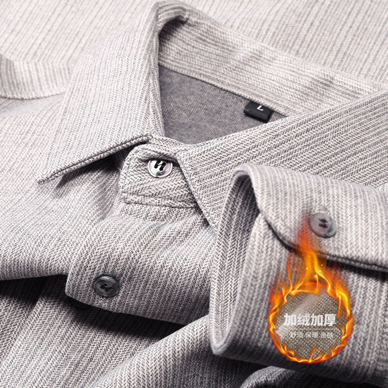 高端冬季加绒加厚磨毛呢衬衫男长袖修身商务休闲保暖抗皱衬衣男士