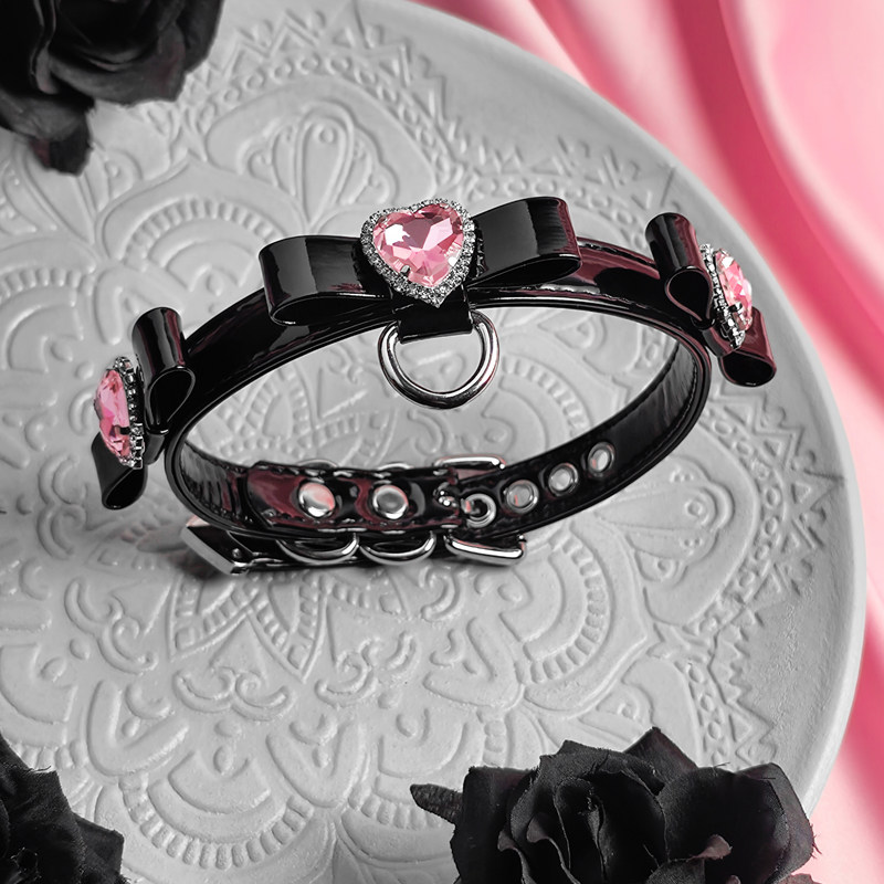 小狗情话定制Lolita爱心闪钻漆皮蝴蝶结项圈女m牵引绳choker项链