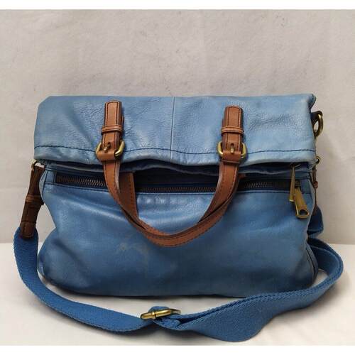Fossil蓝色真皮Zipper Pockets折叠斜挎包