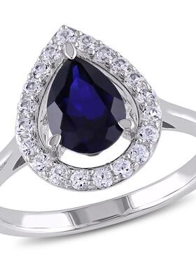 Amour Created蓝色白色蓝宝石泪滴Halo戒指Sterling