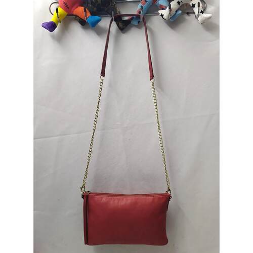 Fossil红色真皮链表带Zipper Closure斜挎包
