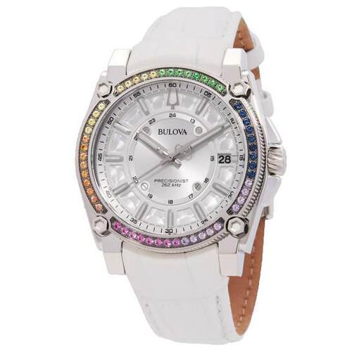 宝路华Bulova 96J124女手表PRECISIONIST银表盘白色皮表带