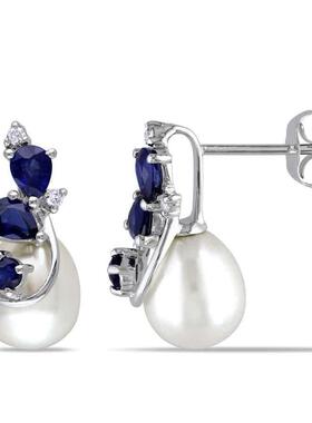 Amour 75 8 Mm白色Cultured Freshwater珍珠耳环Diamonds