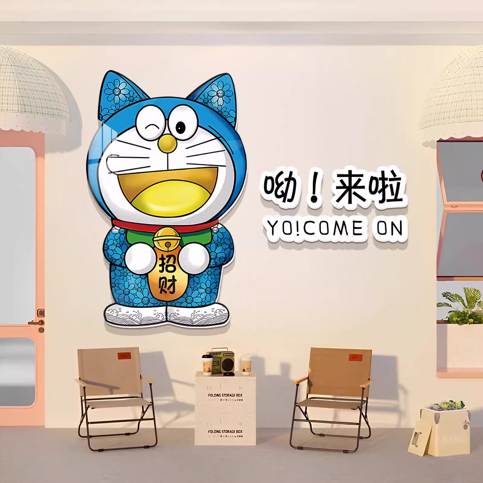 店门口吸引人机器猫摆件卡通装饰画理发店奶茶咖啡馆墙面布置挂画