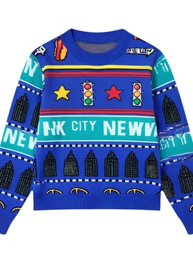 男女童卫衣秋冬上新深蓝色红绿灯圆领长袖纯棉儿童卫衣