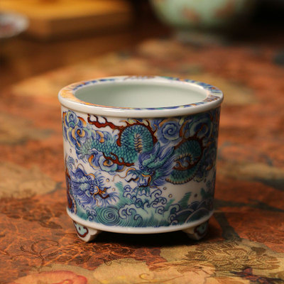 一溪山房 景德镇纯手工手绘青花斗彩陶瓷 龙纹香炉