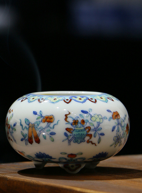 一溪山房 景德镇纯手工手绘青花斗彩陶瓷 八宝三足香炉