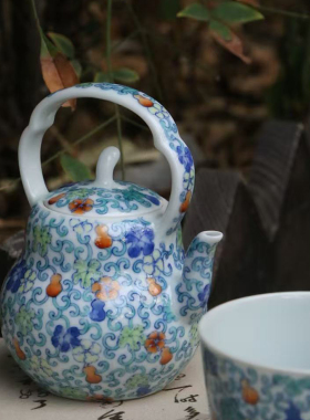 一溪山房 景德镇纯手工手绘青花斗彩陶瓷 福禄茶壶