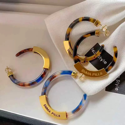 925纯银豹纹琥珀色大圈圈耳环女欧美夸张个性感圆圈耳饰