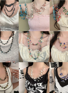 复古波西米亚不规则水晶贝壳项链欧美跨境彩色夸张设计度假风