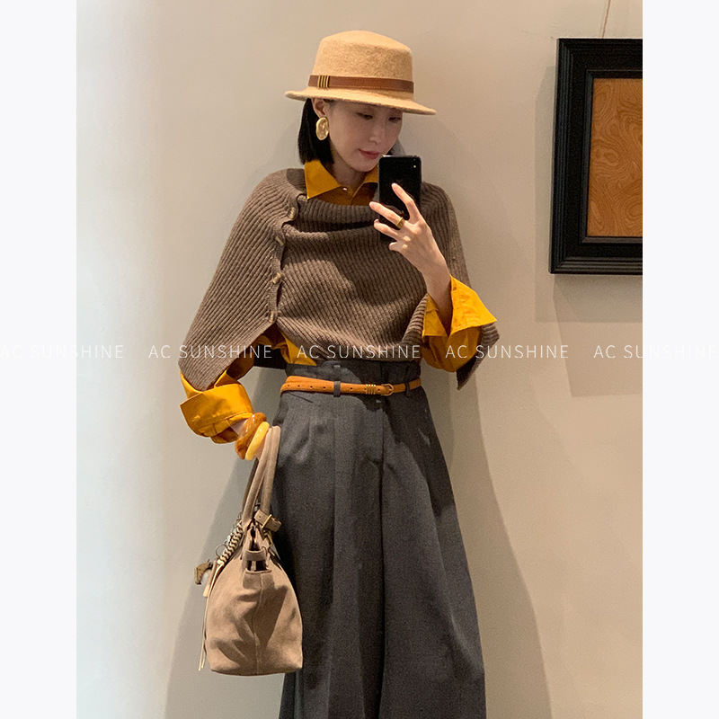 AC Sunshine澳洲羊毛锦丝时髦开叉高领斗篷外搭披肩针织脖套
