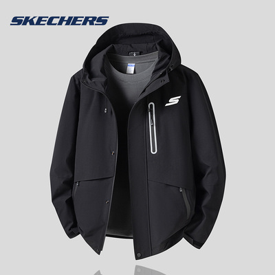 斯凯奇梭织夹克春秋新款户外登山服拉链口袋冲锋衣连帽外套风衣男