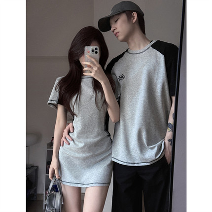 小众设计感情侣装夏季2025韩版短袖T恤女连衣裙法式一裙一衣ins潮