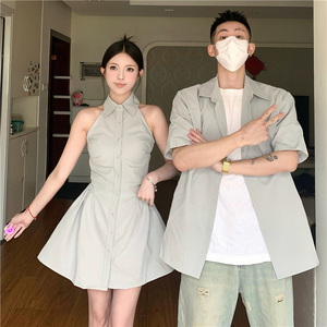 情侣装夏季小众设计高级感2024韩版短袖衬衫女连衣裙法式一裙一衣