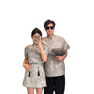 新中式情侣装夏季小众设计感短袖t恤男女两件套法式一裙一衣ins潮