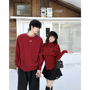 针织衫 红色情侣装 宽松法式 ins超火毛衣男女韩版 外套潮牌 秋冬新款