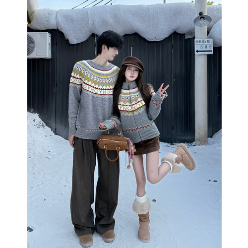 灰色费尔岛冬季慵懒复古毛衣外套