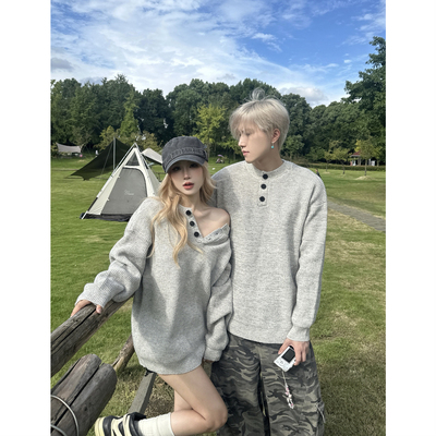 百搭重磅浅灰色慵懒风情侣毛衣