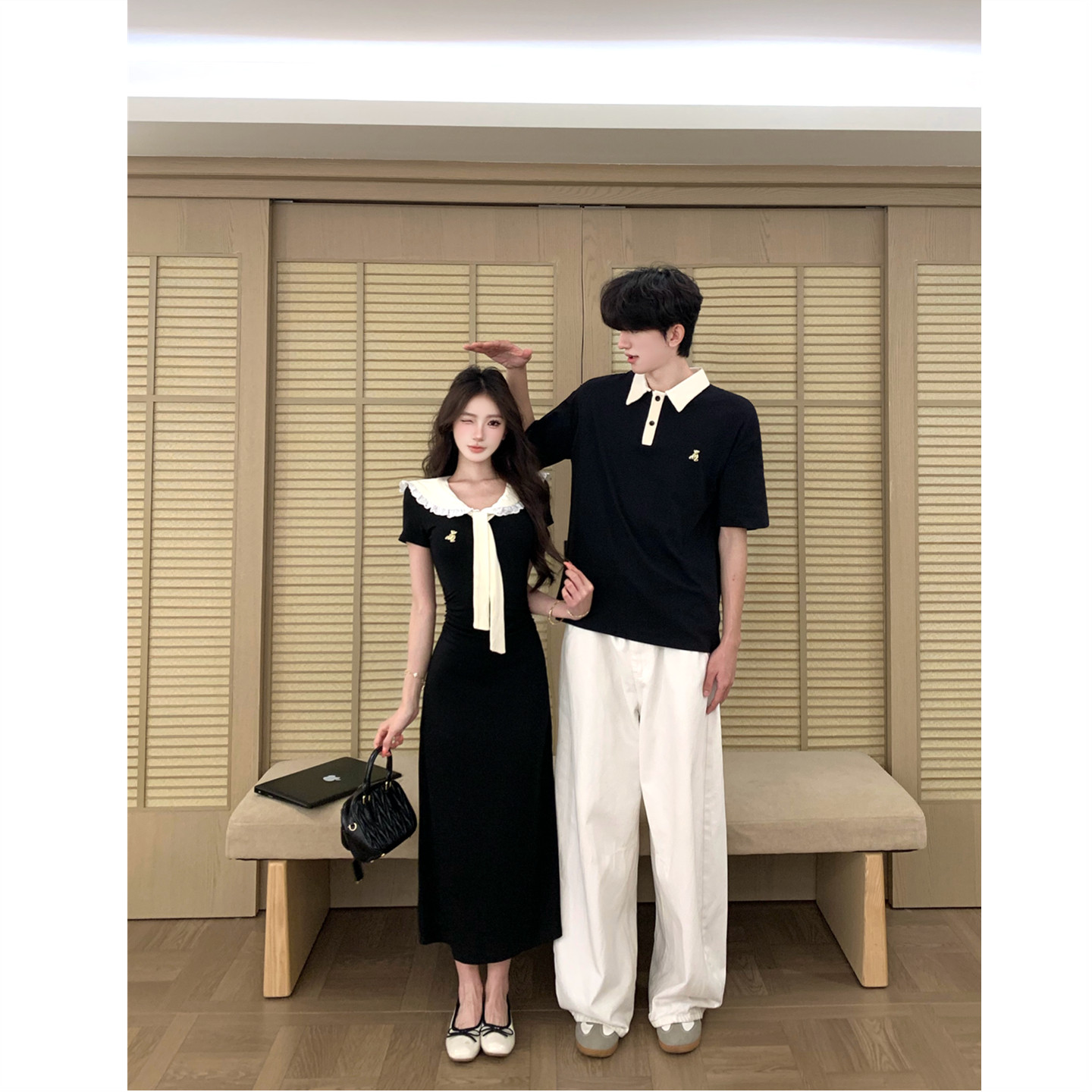 小众设计感情侣装夏季2026韩版短袖t恤男女连衣裙法式一裙一衣潮